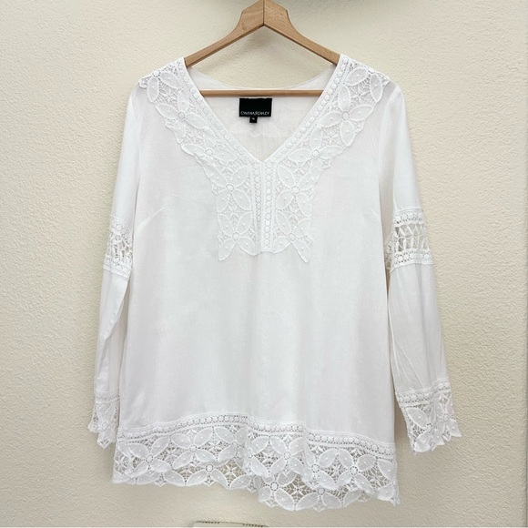 Cynthia Rowley Tops - Cynthia Rowley White Tunic Embroidered Lace Blouse V-neck linen blend size XL